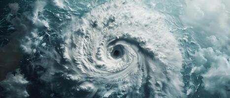 A powerful hurricane swirls over the ocean, showcasing the eye of the storm in high detail, surrounded by turbulent clouds and waves. photo