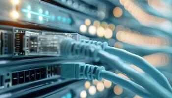 Close-up of network cables connected to servers in a data center. Technology infrastructure, cloud computing, and internet communication concept. photo