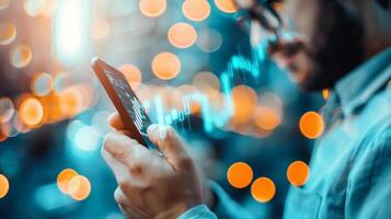 Close-up of a person analyzing stock market data on a smartphone with a glowing graph in the background, showcasing financial technology. photo