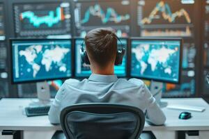 Professional trader analyzing financial stock market data on multiple computer screens in a modern office setting. Economic growth and technology concept. photo