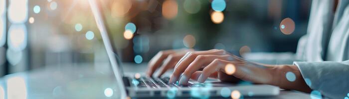 Close-up of hands typing on laptop keyboard with bokeh effect, depicting technology, work, and communication. Suitable for business and tech themes. photo