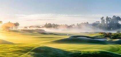 Scenic view of a golf course at sunrise with morning mist, lush green fairways, and bunkers under a serene sky. photo