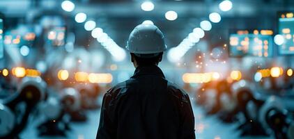 Rear view of an engineer wearing a helmet and working in a high-tech, modern factory with advanced machinery and equipment. photo