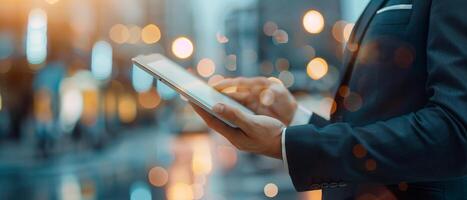 Businessman using a digital tablet device with city lights in the background, illustrating technology in modern business and communication. photo