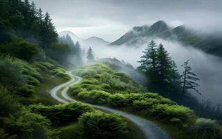 Scenic mountain path winding through a lush green forest under a misty sky, ideal for travel inspiration and nature lovers. photo