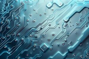 Close-up view of a blue circuit board with intricate patterns and droplets, symbolizing technology and innovation. photo