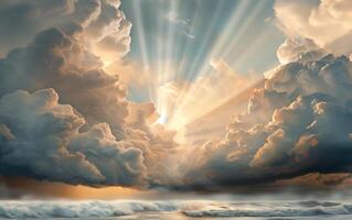 Dramatic sky with sun rays breaking through clouds over calm ocean, creating a breathtaking and serene landscape scene. photo
