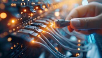 Hand connecting Ethernet cable to server rack. Concept of data center, internet technology, network infrastructure, and IT support. photo