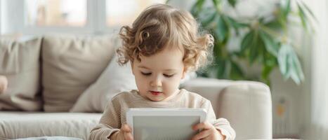 Adorable young child using a tablet while seated on a couch in a cozy living room with soft natural lighting and a houseplant in the background. photo