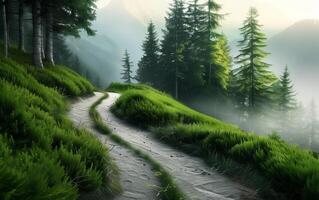 Serene forest path surrounded by lush green trees and misty mountains, perfect for nature and landscape themes. photo
