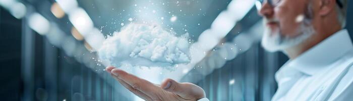 Man holding holographic cloud in data center, representing cloud computing, digital storage, and technology services in futuristic environment. photo