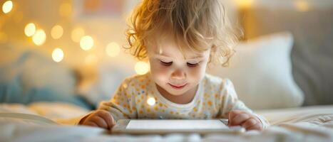 A young child, in cozy pajamas, is captivated by a glowing tablet screen while lying on a bed surrounded by warm, soft lighting. photo