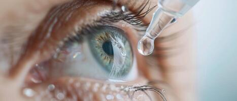 Close-up image of an eye with an eye drop being applied, focusing on details like eyelashes, iris, and the dropper. photo