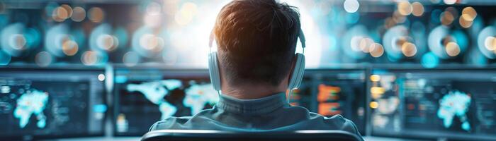 Man in front of multiple screens monitoring data, symbolizing cybersecurity and tech surveillance in a high-tech control room. photo