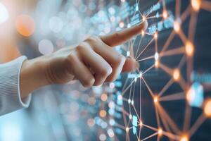 Hand interacting with digital interface, touching network connections with glowing nodes. Concept of technology, data analysis, and innovation. photo