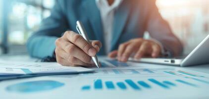 Businessman analyzing financial charts on office desk, using pen and laptop, close-up of hands working on graphs with modern technology. photo