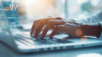 Close-up of hands typing on a laptop keyboard with digital data overlay, representing modern business, technology, and data analysis. photo