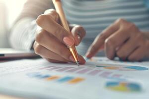 Close-up of hands analyzing financial documents with a pen, revealing charts and graphs in a professional environment. photo