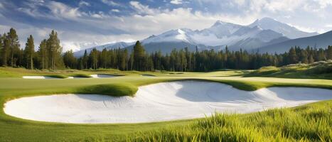 Scenic golf course with sand bunkers, lush green fairways, and picturesque mountain backdrop under a cloudy blue sky. photo
