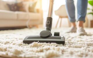 A close-up view of a vacuum cleaner on a soft carpet, capturing the essence of home cleaning and comfort in a bright living space. photo