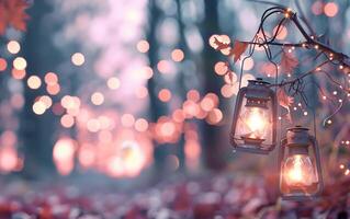 Enchanting scene with glowing lanterns hanging from branches, surrounded by blurred fairy lights in a dreamy forest at twilight. photo