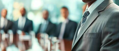 Professional business meeting with executives in formal suits. Corporate discussion, teamwork, and leadership in a modern office setting. photo