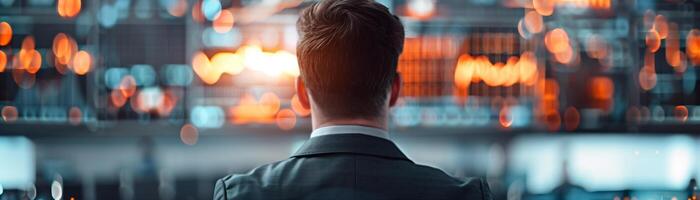 Back view of a businessman looking at a digital screen in a modern office with glowing data visuals and graphs. photo