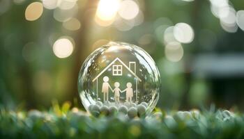 A family inside a protective bubble, symbolizing home, love, and security in a lush natural setting with warm sunlight. photo
