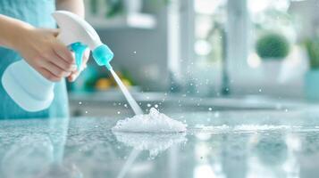 A person using a spray bottle to clean a kitchen surface, showcasing a fresh and spotless home environment. photo