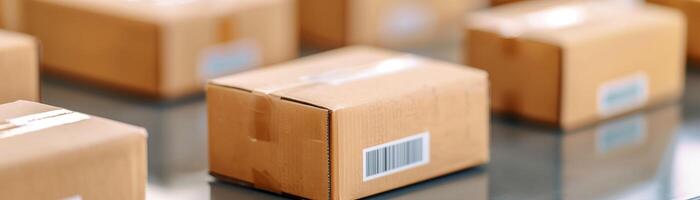 Close-up of stacked cardboard boxes with labels, ideal for logistics, shipping, and storage concepts. photo