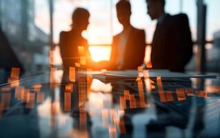 Business professionals in a meeting discussing financial growth with a digital graph in the foreground, symbolizing collaboration and success. photo
