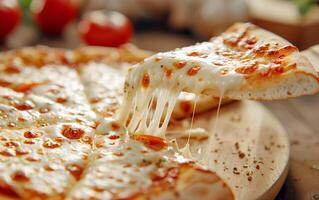 Close-up of a cheese pizza slice being lifted, showing melting cheese. Ideal for food lovers and pizza-themed projects. photo