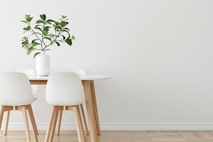Minimalistic dining area with a white table, two chairs, and a vase with green leaves on clean, modern background. photo