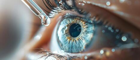 Close-up of an eye with a dropper applying a drop to it, highlighting the vibrant blue iris and details of the eye surface. photo