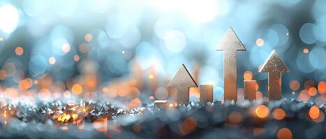 Abstract image of upward arrows symbolizing growth and progress with a shimmering, bokeh background. Ideal for business and technology themes. photo