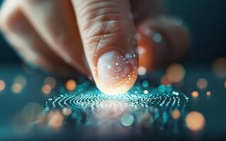 Close-up of a finger touching a glowing digital surface, concept of biometric technology and fingerprint scanning in a futuristic setting. photo