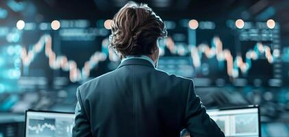 Professional trader analyzing stock market data on multiple monitors. Focused on financial forecasts and investment strategies. photo