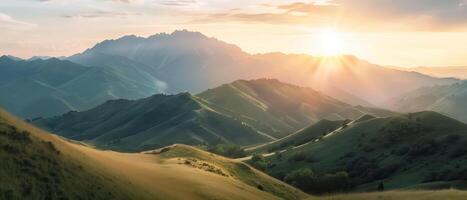 Scenic view of rolling hills and mountains during sunset, with sun rays illuminating the landscape and casting shadows on the slopes. photo
