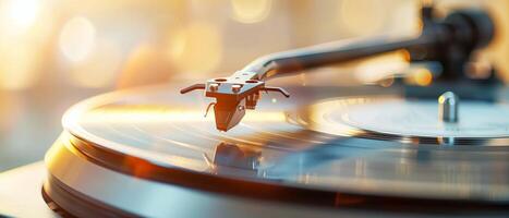 Close-up of a vintage record player, playing a vinyl record. Captured with a warm and nostalgic lighting, perfect for retro and music themes. photo
