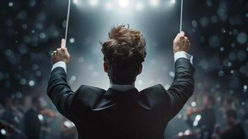 Conductor leading an orchestra with passion and energy, under a spotlight on a grand stage, with an audience in awe of the performance. photo