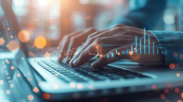 Close-up of hands typing on a laptop keyboard with analytical graphs overlay, representing data analysis and technology in a modern office. photo