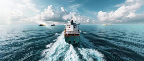 Aerial view of a cargo ship sailing on the open ocean under a dramatic sky, with other vessels in the distance. photo