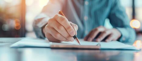 Close-up of a person writing on paper with a pen in hand, working at a desk, with a blurred background and sunlight bokeh. photo