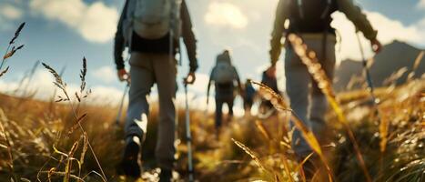 Group of hikers trekking through a grassy mountain trail under a bright sunny sky, capturing the essence of adventure and nature exploration. photo