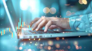 Hands typing on a laptop keyboard with glowing data charts, representing digital business, technology and analytics concept. photo