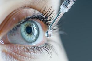 Close-up of an eye with a dropper applying eye drops. Concept of eye care and medical treatment for vision and dryness issues. photo