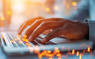Close-up photo of a person's hands typing on a laptop keyboard with glowing digital data in the background, representing technology and business.