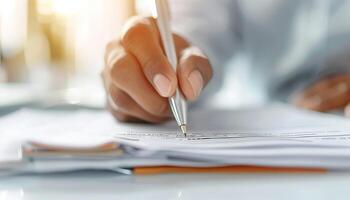 Close-up of a person's hand writing with a pen on paper, focusing on business, contract, or documentation in a professional setting. photo