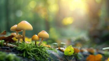 Close-up of mushrooms on a forest floor with soft sunlight filtering through the trees, highlighting the natural beauty and peaceful atmosphere. photo