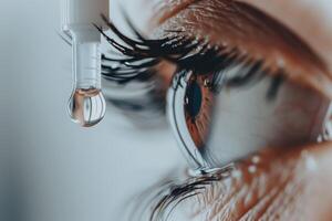 Close-up of an eye receiving eye drops, highlighting the precision and care in eye health and treatment. photo